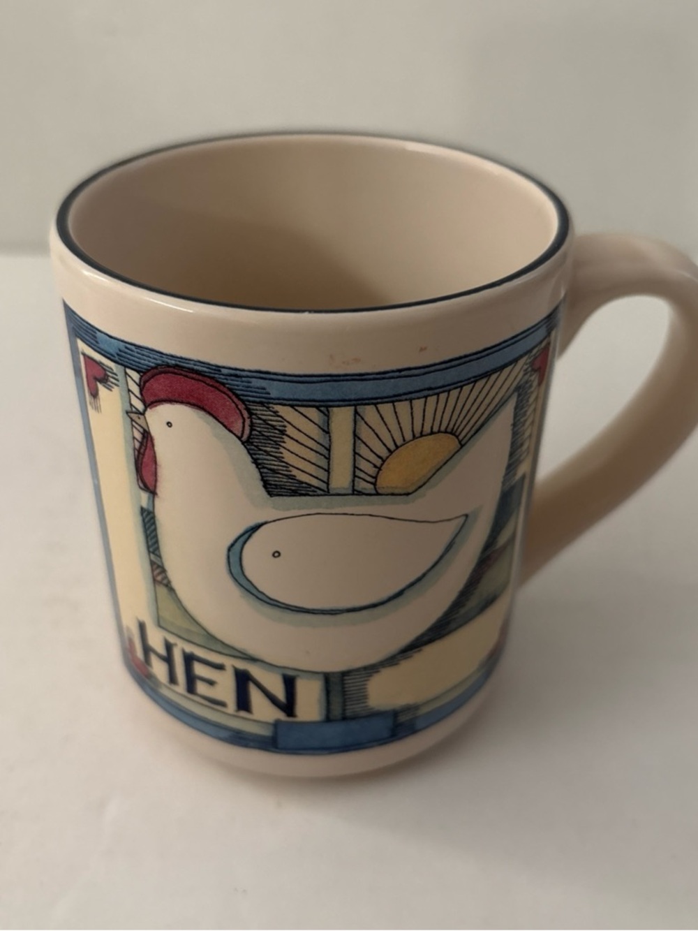 Hen Design Ceramic Mug - White and Blue